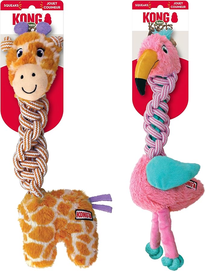 KONG Knots Twists Dog Toys, 2-Pack Assorted – Durable Braided Rope with Squeaker, Minimal Stuffing, Soft & Tough Chew Toy for Thrashing & Teeth Cleaning (Medium/Large)