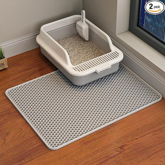 HCY&WLD 2-Pack Cat Litter Mat, Double Layer Honeycomb Waterproof Urine Proof Non-slip Litter Trapping Mat, Less Waste, Easy to Clean Cat Litter Box Mat, Kitty Indoor Supplies (Gray, 24x18 Inches)