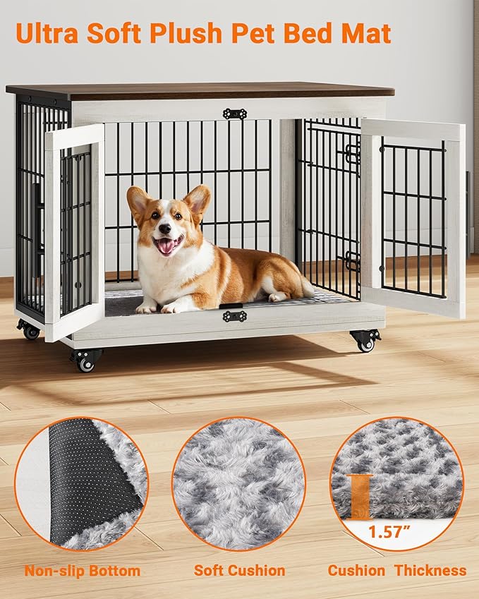 YaFiti Dog Crate Furniture with Cushion, Wooden Dog Kennel Indoor with Double Doors, Dog Cage with Wheels, Dog House Side End Table for Small Medium Dogs up to 45 lb, 32.5" L, White