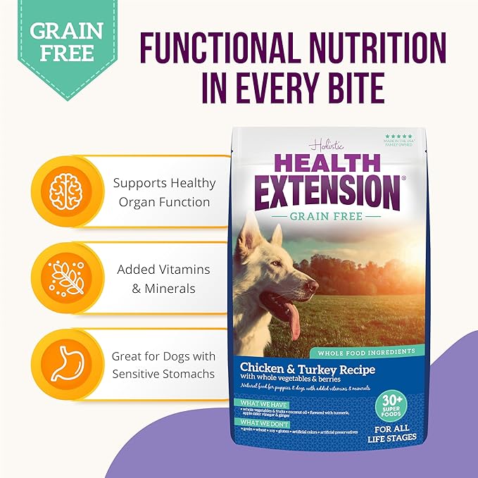 Health Extension Grain Free Chicken & Turkey Dry Dog Food - 30+ Superfoods and Probiotics for All Life Stages (1lb)