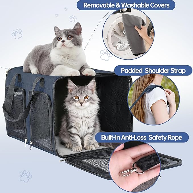 Cat Carrier for 2 Cats - Double Pet Carrier Extra Large, Dual Cabin Multi Cat Travel Carrier with Removable Divider, Collapsible, Can Hold 20 30 40 lbs for Two Small Kitten, Medium Dog Blue