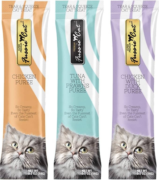 Fussie Cat Puree Grain Free Treat in 3 Flavors: (1) Tuna with Prawns, (1) Chicken with Duck and (1) Chicken (3 Four-Tube Packs, 12 Tubes Total, .5 Ounce per Tube) Plus Silicone Lid