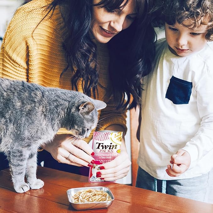 INABA Twin Packs for Cats, Side Dish/Topper Pouch, 1.4 Ounces per Serving, 16 Servings, Tuna & Chicken with Scallop Recipe in Scallop Broth
