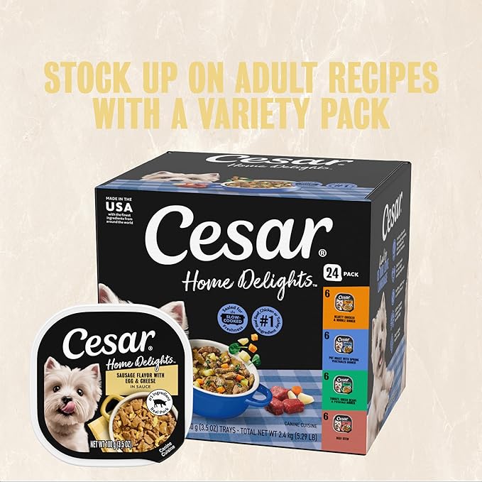 Cesar Home Delights Adult Wet Dog Food Sausage Flavor with Egg & Cheese in Sauce, 3.5 oz. Easy Peel Dog Food Tray, 24 Count (Pack of 1)