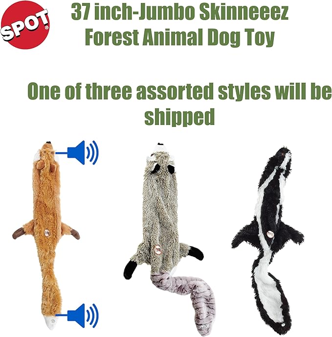 SPOT Skinneeez Jumbo Forest Animal Stuffing-Free Dog Toy, Squeaker in Head & Tail, Durable Tug Toy for Large Puppies & Dogs, Great for Moderate Chewers, 37 inch, Assorted Styles