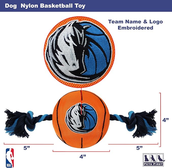 Pets First NBA Dallas Mavericks Basketball Toy. - Tough Nylon Pet Toy with Tug Ropes & Inner Squeaker, One Size, MAV-3105