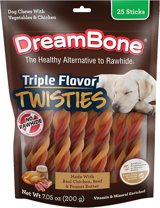 DreamBone Triple Flavor Twisties Chews for Dogs, Treat Your Dog to Rawhide-Free Chews Made with Real Chicken, Beef and Peanut Butter, 25 Count