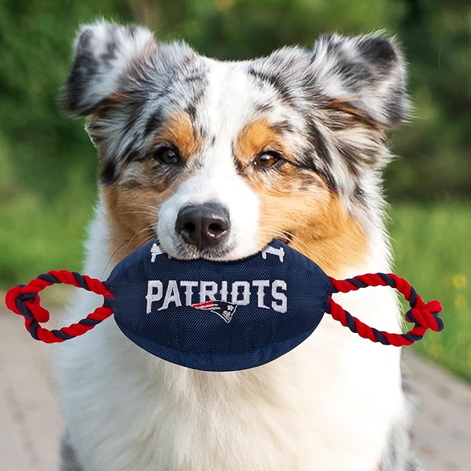 Pets First NFL New England Patriots Football Dog Toy, Tough Quality Nylon Materials, Strong Pull Ropes, Inner Squeaker, NFL Team Color