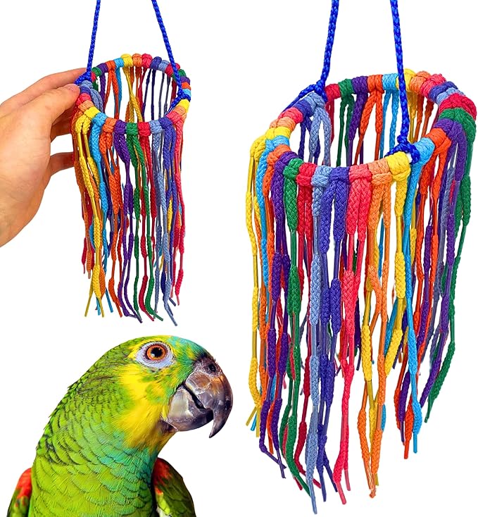 Bonka Bird Toys 51213 Large Aglet Heaven 9" Pk2 Hanging Cotton Shoelace Ring Toy for Medium to Large Birds Like Eclectus Amazons African Greys