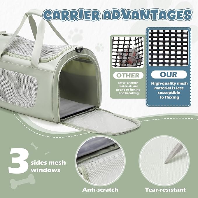 Extra-Large Cat Carrying Case Pet Dog Carrier Soft-Sided Cat Bag Airline Approved, Mesh Pet Carrier for Travel Outdoors with Shoulder Straps, Cat Carriers for Cats/Puppy/Dogs Up to 30Lbs, Green