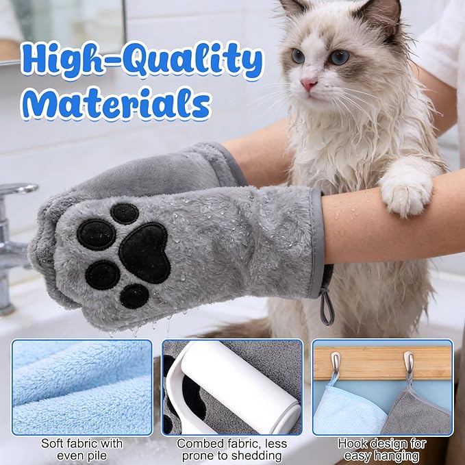 Paw Bathing Towel for Cats Puppy, Reusable Absorbent Quick-Dry Pet Grooming Towel, Soft Bath Mitt for Dirt Odor Removal, Daily Care and Travel, for Dogs & Cats (Grey)