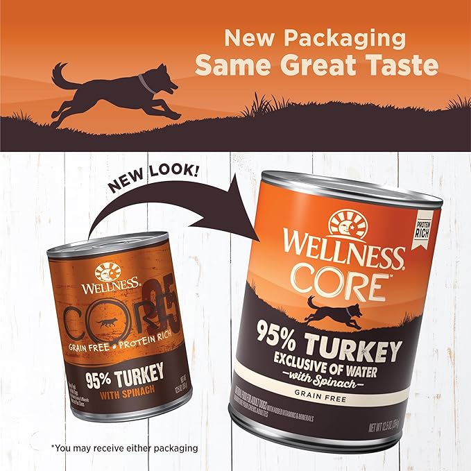 Wellness CORE 95% Adult Canned Wet Dog Food, Grain Free, Natural, Turkey with Spinach Recipe, 12.5 oz, Pack of 12 Cans