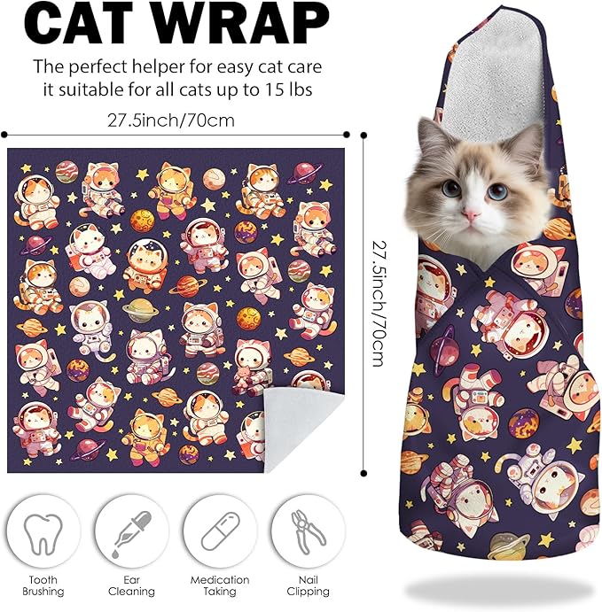 27.6"Cat Grooming Wrap, Self Adhesive Cat Wrap for Cutting Nails, Anti-Escape Calming Cat Swaddle Wrap for Medicine Ear Cleaning, Anti-Scratch Cats Burrito Restraint Blanket, Pet Tool(6-10 lbs)