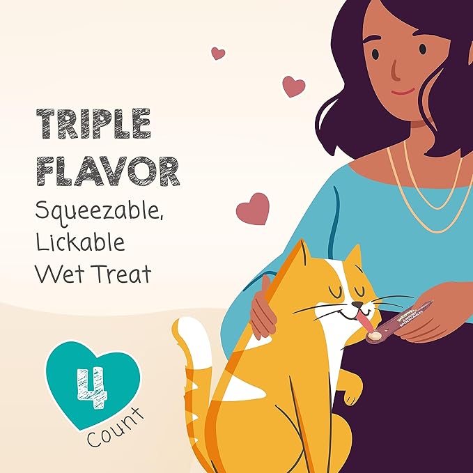 MEOWEE! Savory Spoonables with Real Salmon, Tuna and Krill for Cats, 4 Count, Treat Your Cat to Triple Flavor Squeezable Lickable Wet Treats with Built-in Spoon for Less Mess (Pack of 2)