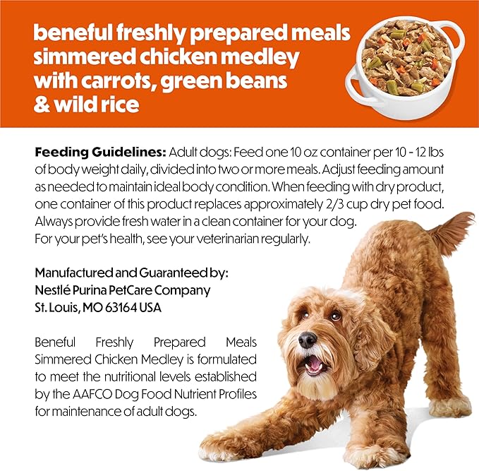 Purina Beneful Dog Food Freshly Prepared Meals Simmered Chicken Medley with Carrots, Green Beans, and Wild Rice - (Pack of 8) 10 oz. Tubs