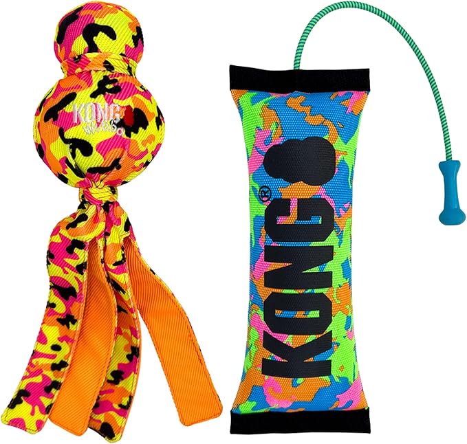 KONG Wubba Ballistic High-Viz Dog Toy – Squeaky Durable Tug & Toss Toy – Bright Colors for High Visibility – (High-Viz Wubba/Bumper Combo)