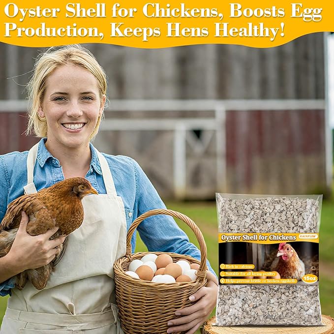 RAINFLOW Crushed Oyster Shell for Chickens - 15oz Calcium Supplement for Laying Hens, Supports Strong Eggshells,Natural Poultry Mineral for Backyard Chickens (Pack of 2)