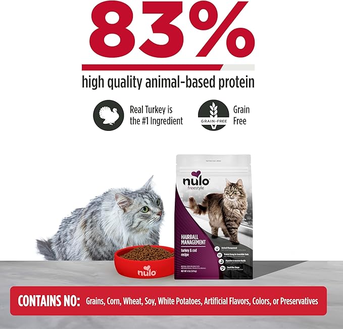 Nulo Freestyle Cat Food, For Hairball Management, Premium Grain-Free Dry Small Bite Kibble, All Natural Animal Protein Recipe with BC30 Probiotic for Digestive Health Support