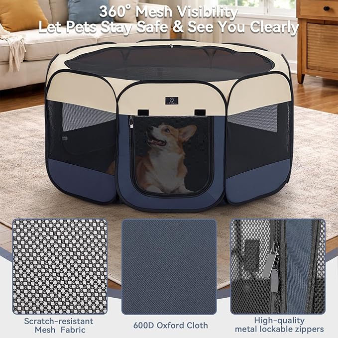 Dog Playpen for Small Dogs & Puppies, 50.39" Portable Indoor Outdoor Puppy Playpen with Bowl, Waterproof Floor, Foldable Pop-Up Pet Pen for Home, Travel & Daily Use, Blue+Beige