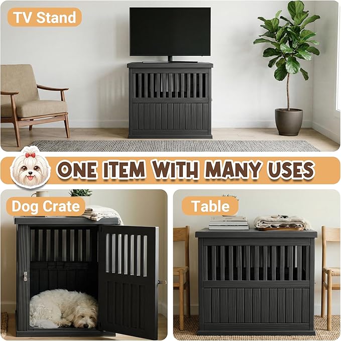 Fancyango 30-Inch Dog Crate Furniture End Table - Decorative Corner Dog House Table for Small to Medium Dogs, Indoor Plastic Dog Crate with Lockable Latch (Black, 29.5" L x 21" W x 25.2" H)