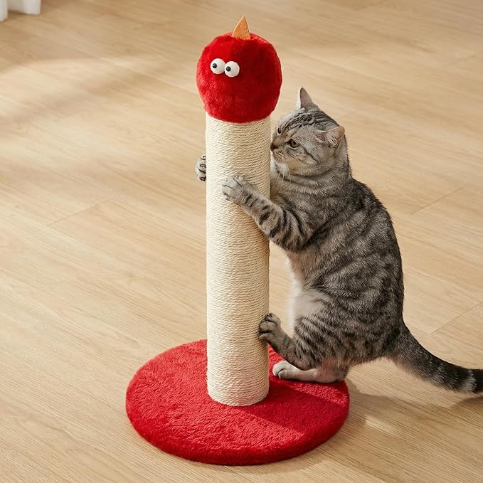 Cat Scratching Post for Small Space, 22'' Scratching Posts for Indoor Cats Adults, Extra Wide 13.4" Stable Base & Natural Sisal, Cute Cat Scratching Post with Short Plush Fabric for Large Cats, Red