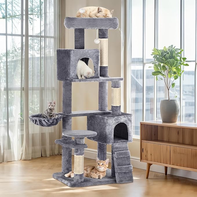 YITAHOME 70.8-Inch Tall Cat Tree Indoor: Multi-Level Kitten Tower with Kitty Condos, Top Perches, Scratching Posts & Cozy Basket Pet Play House Light Gray