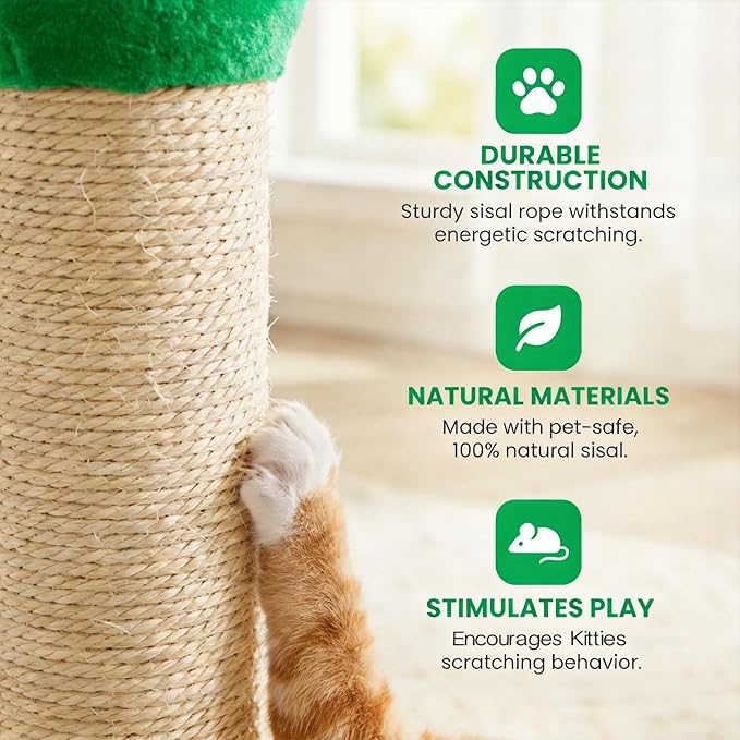 Cat Scratching Post for Small Space, 22'' Scratching Posts for Indoor Cats Adults, Extra Wide 13.4" Stable Base & Natural Sisal, Cute Cat Scratching Post with Short Plush Fabric for Indoor Cats, Green