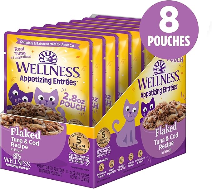 Wellness Appetizing Entrées Flaked Adult Wet Cat Food, Natural, Protein Rich, Grain Free, Tuna and Cod Recipe, 2.8 oz, Pack of 8 Pouches