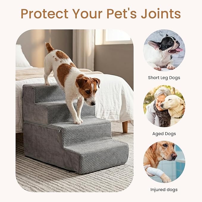 HealSmart Dog Stairs for Small Dogs, 4-Step Design Pet Steps for Puppies and Senior Cats, Versatile Indoor Pet Ramp Suitable for Sofa Couch and Chair, Non-Slip High-Density Foam Pet Ladder, Gray