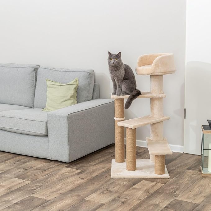 TRIXIE Tulia Senior Cat Tower – Cat Tree with Jute Wrapped Posts, Step-Style Platforms & Padded Top Bed – Comfortable Cat Furniture for Senior Indoor Cats – Beige, 20.1" x 20.1" x 40.2"