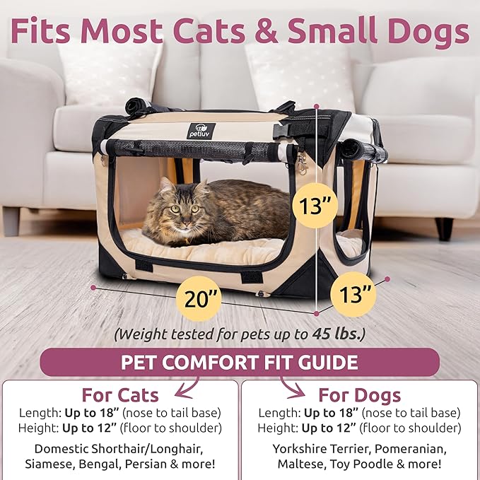 Cat & Dog Pet Carrier, Soft-Sided, Medium 20"x13"x13" Fits Most Cats or Small Dog, Comfortable for Travel & Vet Visits, Privacy Windows, Removable Plush Bed, Locking Zippers, Folds Flat