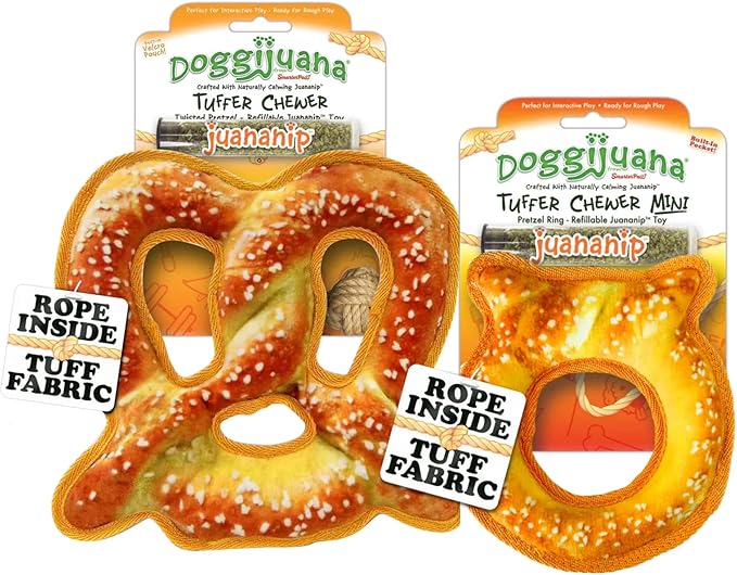 Doggijuana Cafe Combo Refillable Juananip Toy Bundle | Twisted Pretzel & Pretzel Ring | Funny Dog Toy Plush with Catnip and Refill | Interactive Chew Toy for Play