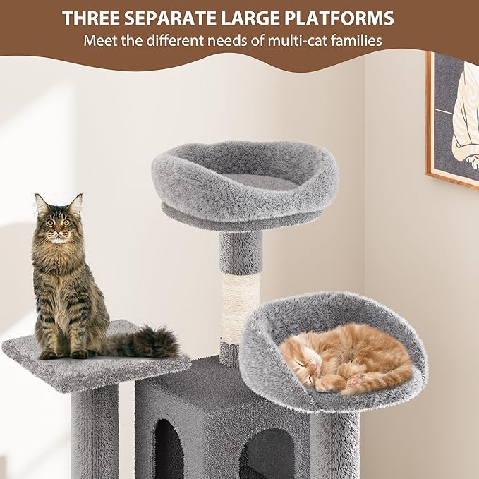 Cat Tree, Tall Cat Tower Condo for Indoor Large Cats, Cat House Furniture with Padded Plush Perch Sisal Scratching Posts (Grey, 63 * 19.7 * 19.7 in)