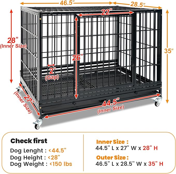 Homey Pet Heavy Duty Dog Crate for Large Dogs, 47 Inch Stackable Large Dog Cage with 4 Wheels, 2 Removable Trays and Grids, Multi Locks Strong & Solid Escape Proof Dog Kennel Indoor