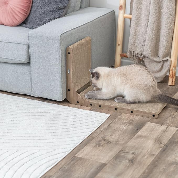 Trixie L-Shape Cat Scratcher with Catnip & Silvervine - 17.7" Indoor Furniture - Double-Sided Corrugated Cardboard - Vertical & Horizontal Scratching Pad with Ball Toy for Cats & Kittens - Gray/Brown