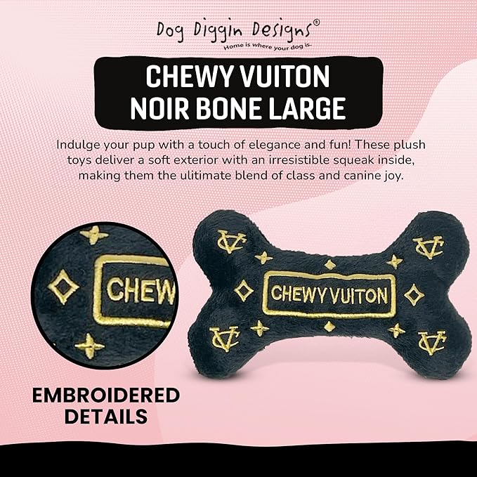 Dog Diggin Designs Chewy Vuiton Noir Plush Dog Toy Bone | Luxury-Inspired Parody Designer Bone with Squeaker, Soft Plush Chew & Play Dog Toy – Prêt-à-Porter Play!