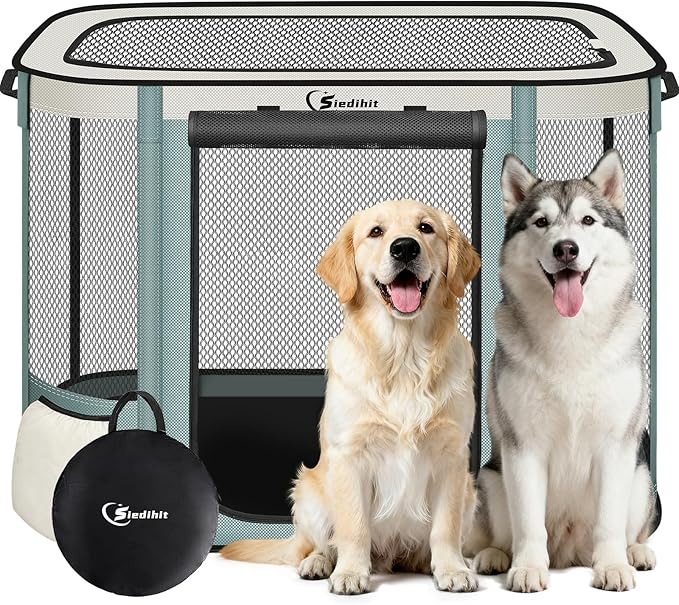 Siedihit Dog Cat Playpen Crate with Washable Pee Pad, Reinforced Durable Dog Cage, Portable Foldable Pet Kennel with Breathable Visibility (Grey, Extra Large)