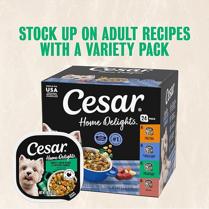 Cesar Home Delights Adult Wet Dog Food, Turkey, Green Beans & Potatoes Dinner in Sauce, 3.5 oz. Easy Peel Dog Food Tray, 24 Count (Pack of 1)