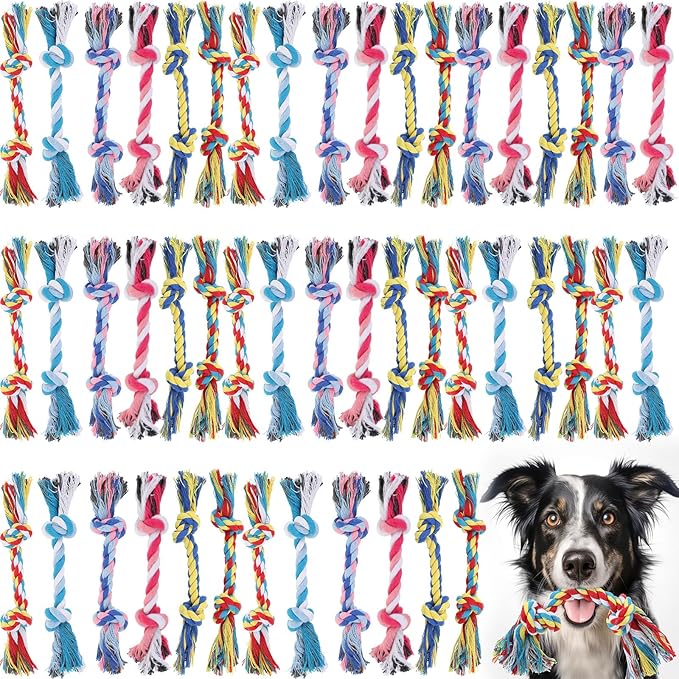 Syhood 48 Pack Dog Chew Rope Toy Bulk, 2-Knot Cotton Puppy Chew Rope for Teething, Tug of War Dental Toys for Small & Medium Dogs, Aggressive Chewers Puppies