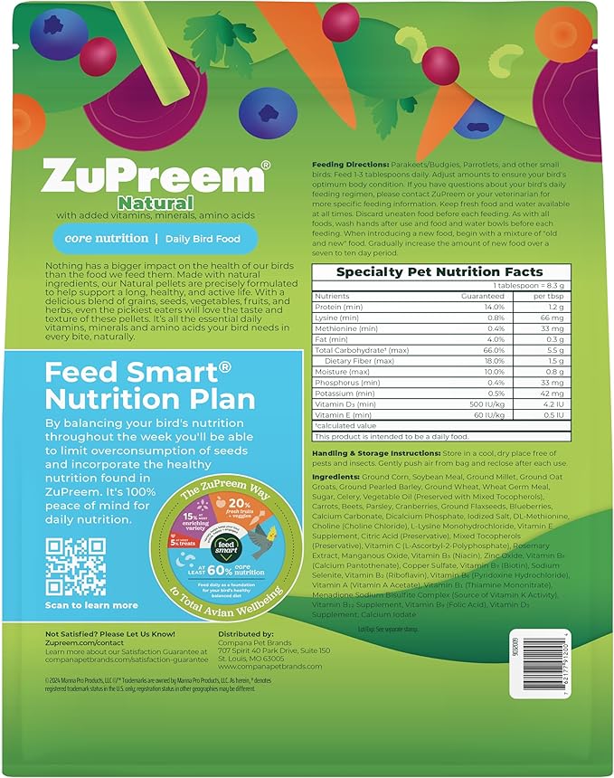 ZuPreem Natural Pellets + Sensible Seed Small Bird Food Bundle – Parakeet, Budgie, Finch, Canary & Dove Food – Pellet Diet + Seed Enrichment Mix, 2.25 lb Pellets & 2 lb Seed