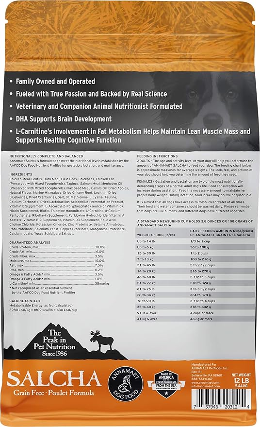 Annamaet Grain-Free Salcha Poulet Formula Dry Dog Food, (Chicken & Duck), 12-lb Bag, Brown