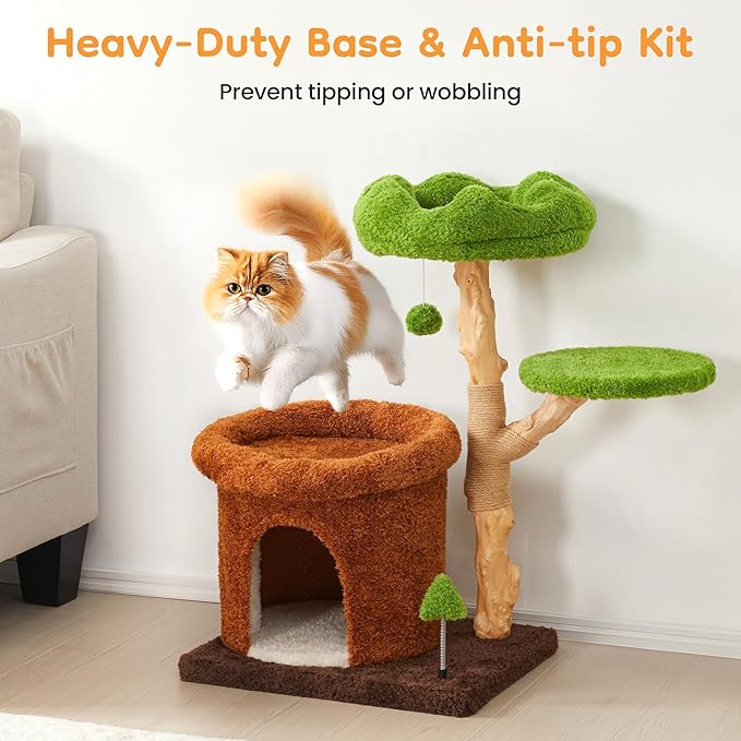 Fansafurn Cat Tree with Scratching Posts, Multi-Level Cute Cat Tower for Playful Cats and Multiple Cats, 32" Wooden Climbing Tower with Natural Wood, Bed & Condo