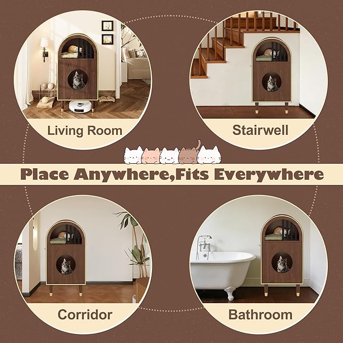 Cat Litter Box Enclosure Condo, 2-Tier Cat Bed Furniture with Arch Design, Indoor Cats Shelter for Two Cats, Cozy Kitty House with Raised Legs and Hooks, Espresso