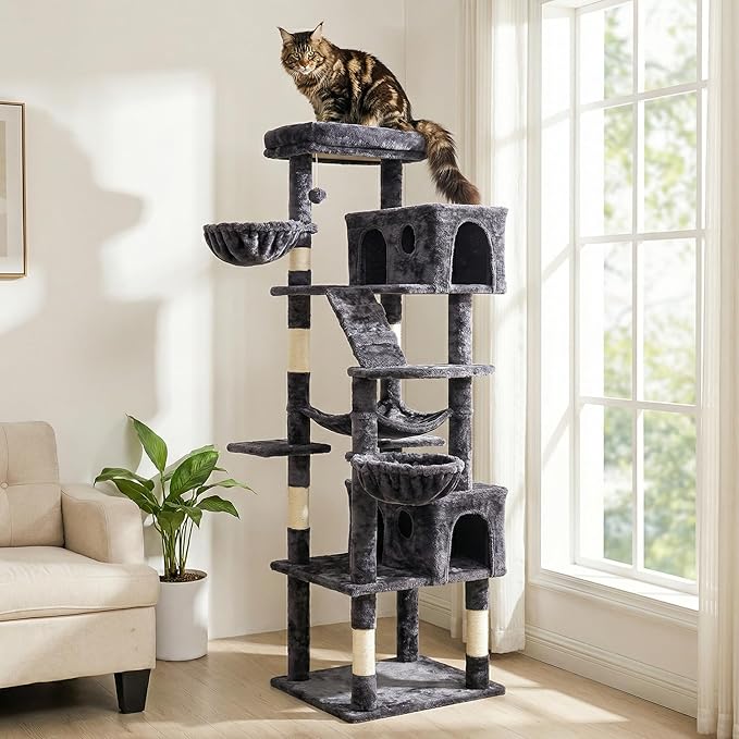 Large Cat Tree with Scratching Posts, Bed, Hammocks & Condos – Multi-Level Cat Tower for Playful Cats, 74" Modern Jungle Gym for Multiple Cats, Grey