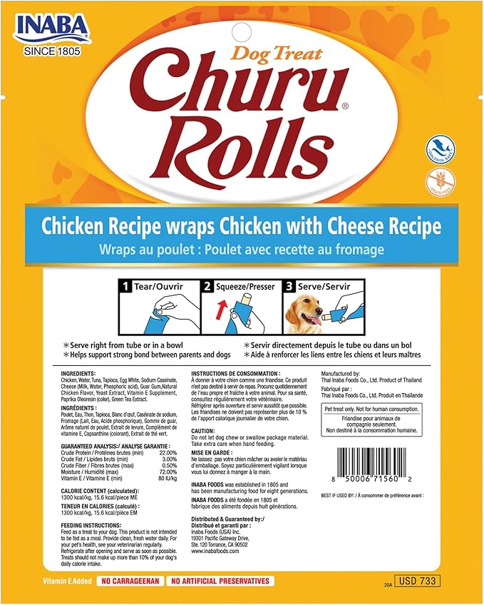 INABA Churu Rolls for Dogs, Soft & Chewy Baked Chicken Wrapped Filled Dog Treats, 0.42 Ounces Each Tube, 48 Tubes Total, Chicken with Cheese Recipe
