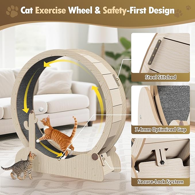 JungleA Large Cat Exercise Wheel 42.72 Inch - Spacious Cat Wheel with Detachable Teaser and Scratching Post for Indoor Cats, Featuring Safety Lock & Low Noise Design for Most Cats
