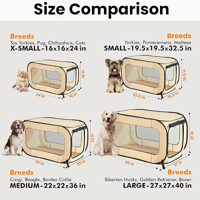 Beatrice Home Fashions Portable, Collapsible, Pop Up Kennel Travel Cat and Dog Crate, 36" L x 22" W x 22" H, Beige