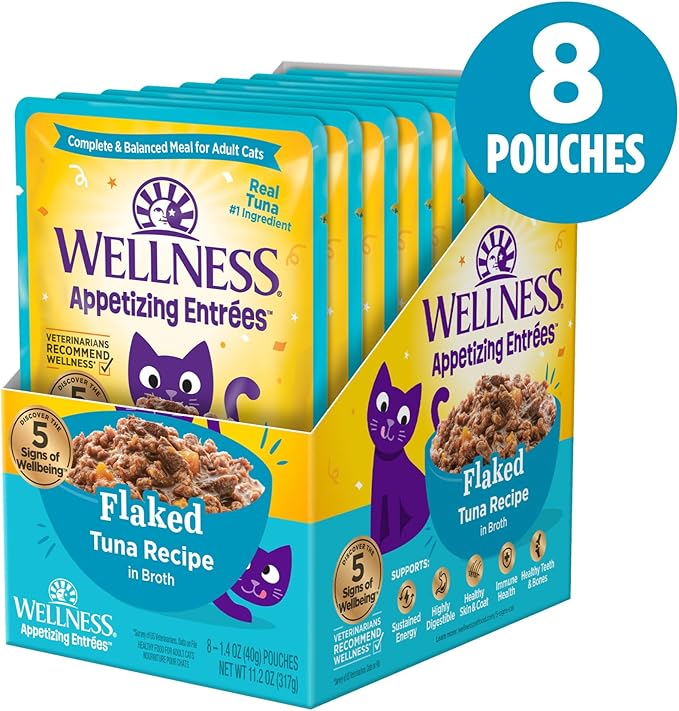 Wellness Appetizing Entrées Flaked Adult Wet Cat Food, Natural, Protein Rich, Grain Free, Tuna Recipe, 1.4 oz, Pack of 8 Pouches