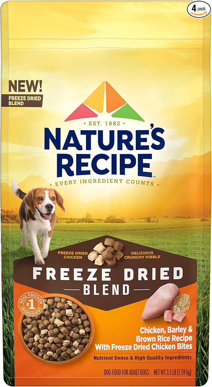 Nature’s Recipe Dry Dog Food with Freeze Dried Chicken Bites, Chicken, Barley & Brown Rice Recipe 3.5 lb Bag (Pack of 4)