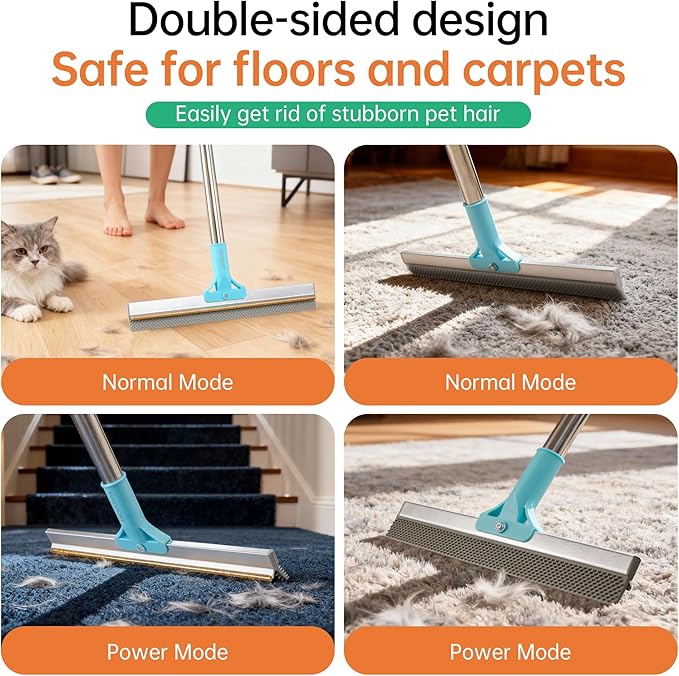 Carpet Rake for Pet Hair Removal Tool, 2 in 1 TPU and Copper Rake Teeth Uproot Clean Hair Remover with 63’’ Adjustable Long Handle,Reusable Cat & Dog Fur Broom for Carpets,Rugs, Mats